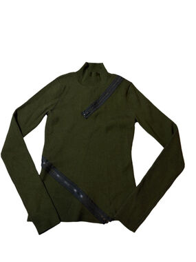 Monse Rib Slash Zip Turtleneck Top Green Asymmetrical Zipper Merino Wool NWT M